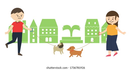 Illustration of young woman and man walking the dog. Two cute dogs 
 getting to know and greeting each other.