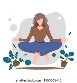 Ilustración de una joven meditando por Relax en la naturaleza caricatura de estilo de vida plano vector