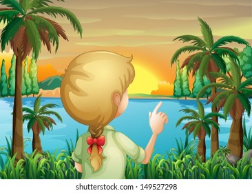 Illustration of a young woman observing the river