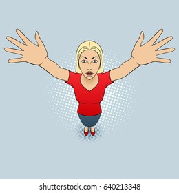 Illustration of a Young Woman Opens His Arms. Meeting, Welcome Concept