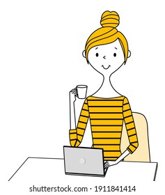 Illustration of a young woman operating a laptop computer.