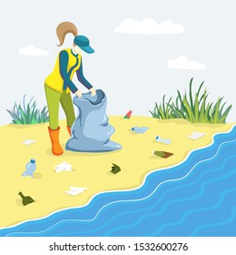 illustration of young woman picking up trash plastic and cleaning beach with garbage bag. Woman volunteer clean sandy shore from garbage and take care about planet. Volunteering and Save world concept