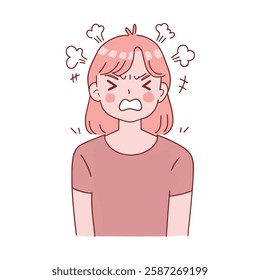 An illustration of a young woman with pink hair expressing intense anger and frustration.