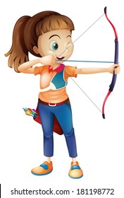 Illustration of a young woman playing archery on a white background