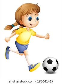 Illustration Of A Young Woman Playing Football On A White Background