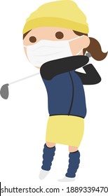 Illustration of a young woman playing golf. Women wear sports masks to prevent infections.