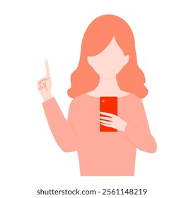 Illustration of a young woman pointing at a smartphone.