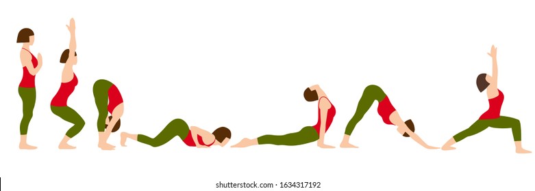 Illustration of young woman practicing Sun Salutation for International Yoga Day. Surya Namaskar. Practicing yoga. Sport concept. Yoga set in flat style. Female cartoon character practicing Hatha yoga