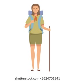 Illustration of a young woman prepared for hiking with backpack and trekking pole