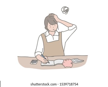 Illustration of a young woman putting on a household account book. It can be used in various situations such as savings, households, debts, savings.