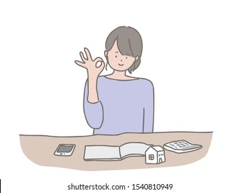Illustration of a young woman putting on a household account book. It can be used in various situations such as savings, households, debts, savings.