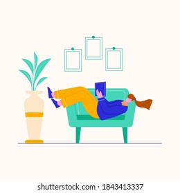 Illustration of young woman reading a book on sofa at home. Study at home. 