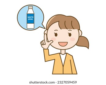 Illustration of a young woman recommending a sports drink to prevent heatstroke because it's hot_wearing a cardigan
