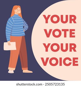 Illustration of young woman with red hair voting in a national election. The design highlights diversity and the role of each individual's vote in shaping democracy