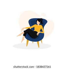 Illustration of a young woman relaxing in a comfortable chair with white background.