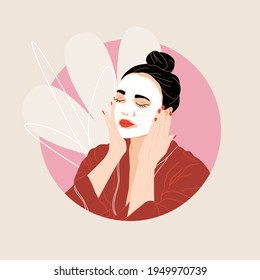 Illustration of a young woman in a sheet mask. Vector drawn in flat style. Woman's morning daily routine. Self-love and morning routines. The girl in the dressing gown applying the mask.