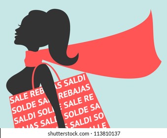 Illustration of a young woman with shopping bag with the word "Sales" in different languages.