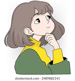 An illustration of a young woman with shoulder length brown hair, wearing a green and yellow outfit, thoughtfully resting her chin on her hand.