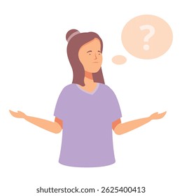Illustration of a young woman shrugging with a question mark, indicating uncertainty