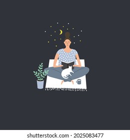 Illustration of a young woman sitting on the floor and reading a book at night.