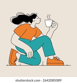 An illustration of a young woman sitting on the ground with a cup of hot drink, possibly coffee or tea. She is depicted in a relaxed pose, enjoying the moment.