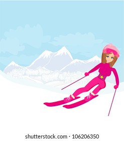 illustration of a young woman skiing down a snow covered mountain under a clear blue sunny sky