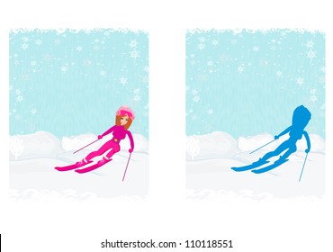  illustration of a young woman skiing down a snow covered mountain under a clear blue sunny sky