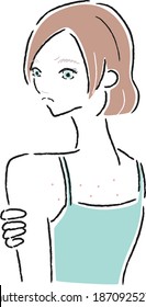 Illustration of a young woman with a skin problem. A rash on her back.