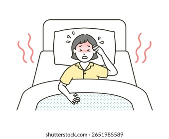 An illustration of a young woman sleeping in bed, sweating and having trouble sleeping on a tropical night