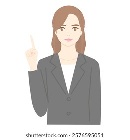 Illustration of a young woman smiling in a business suit. Upper body, illustrating points.