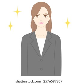 Illustration of a young woman smiling in a business suit. Upper body, sparkling.