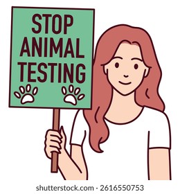 Illustration of a young woman smiling and holding a green protest sign reading stop animal testing, emphasizing animal rights awareness and ethical activism