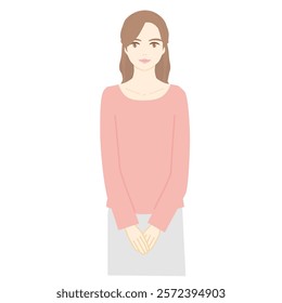 Illustration of a young woman standing with her hands in front of her.