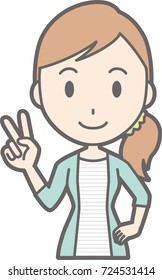 Illustration of a young woman in striped clothes peace sign