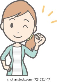 Illustration of a young woman in striped clothes winking up his fist