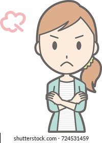 An illustration of a young woman in striped clothes angry