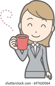 Illustration of a young woman in a suit drinking coffee