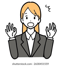 Illustration of a young woman in a suit with her hands raised in surprise