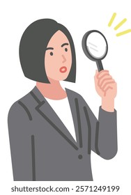 Illustration of a young woman in a suit holding a magnifying glass