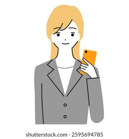 Illustration of a young woman in a suit holding a smartphone.