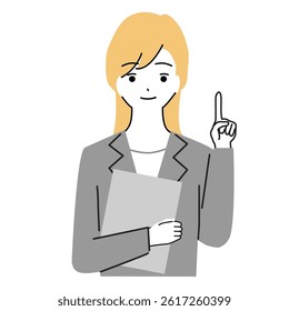 Illustration of a young woman in a suit holding up a finger to explain