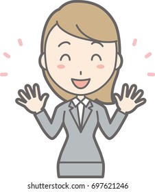 Illustration of a young woman in suit wearing her hands openly