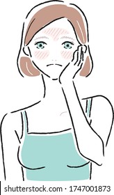 Illustration of a young woman with sunburn and tingling skin.
