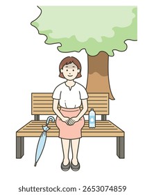 Ilustração de uma jovem mulher fazendo uma pausa em um banco na sombra no verão