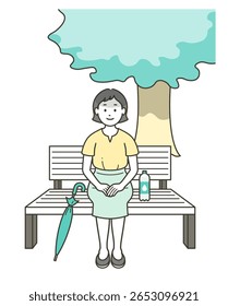 Ilustração de uma jovem mulher fazendo uma pausa em um banco na sombra no verão