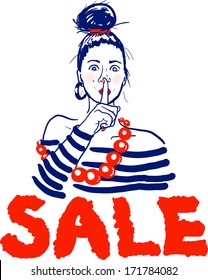 Illustration of a young woman talking on a secret about discounts