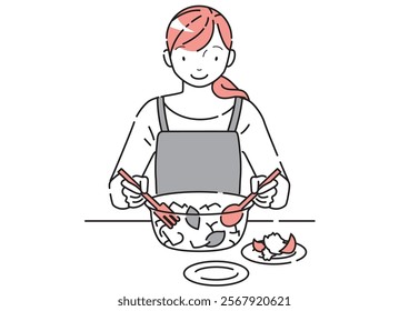 Illustration of a young woman tossing salad in a bowl