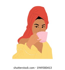 Illustration with a young woman in a towel drinking coffee or tea from a cup. Vector drawn in flat style. Woman's morning daily routine. Self-love and morning routines. The girl in the robe.