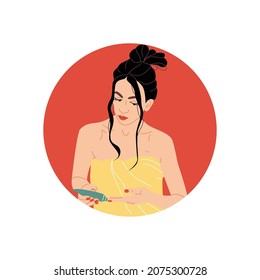 Illustration with a young woman in a towel. The girl squeezes out the cream. Vector drawn in a flat style. Woman's morning routine. Self-love and morning routine. The girl in the robe.