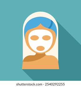 Illustration of a young woman with a towel on her head having a cosmetic facial mask, in a spa salon